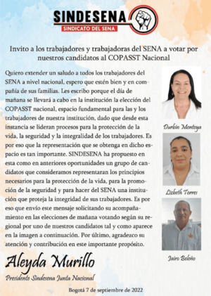 Invito a los trabajadores y trabajadoras del SENA a votar por nuestros candidatos al COPASST Nacional