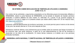 De interés sobre movilización de temporales afiliados a SINDESENA junio 13 al 15