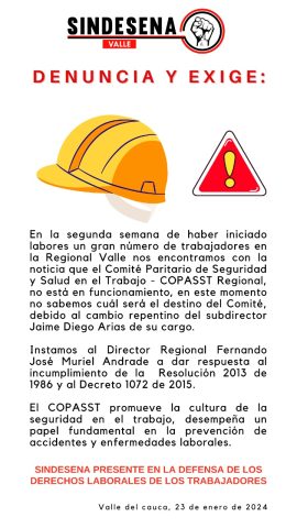 Subdirectiva Valle - Exigencia de reactivación inmediata del COPASST en el Valle
