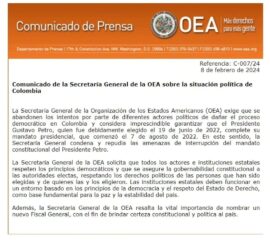 Comunicado de la Secretaría General de la OEA sobre la situación política de Colombia