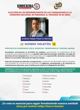 Elección de representantes de los trabajadores en la Comisión Nacional de Personal este 30 de abril vota por Andrés Felipe Pizarro Román