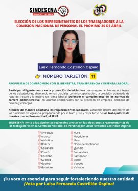 Elección de representantes de los trabajadores en la Comisión Nacional de Personal este 30 de abril vota por Luisa Fernanda Castrillón Ospina