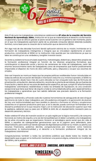 SENA 67 años creado y más de 4 décadas resistiendo