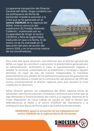 Sindesena apoya la actuación de los y las trabajadoras del centro CEDRUM de la regional Norte de Santander