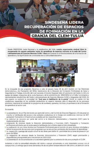 Sindesena lidera recuperación de espacios de formación en la Granja del CLEM - TULÚA