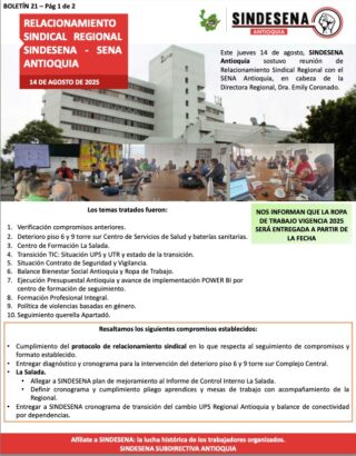 Informe relacionamiento 14 de agosto Sindesena regional Antioquia