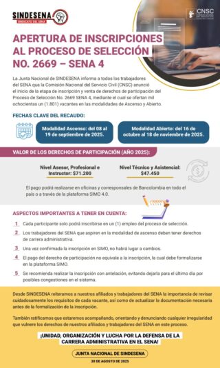 Apertura de inscripciones al proceso de selección N° 2669 - SENA 4