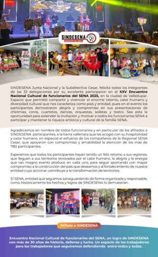 SINDESENA destaca la participación de las 33 delegaciones en el XXV Encuentro Nacional Cultural del SENA 2025 en Valledupar