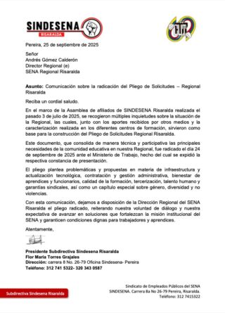 Comunicado al SENA pliego de solicitudes