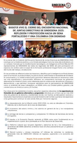 Bogotá vive el cierre del Encuentro Nacional de Juntas Directivas de Sindesena 2025: Reflexión y proyección hacia un SENA fortalecido y una Colombia con dignidad