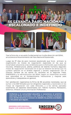 Se levanta Paro Nacional escalonado e indefinido