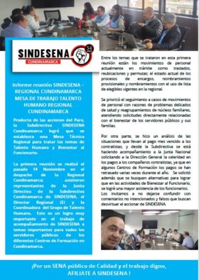 Informe reunión SINDESENA – REGIONAL CUNDINAMARCA MESA DE TRABAJO TALENTO HUMANO REGIONAL CUNDINAMARCA
