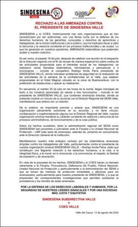 Rechazo amenazas contra el presidente de Sindesena Valle