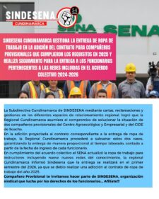 Sindesena Cundinamarca gestiona solución para entrega de dotación