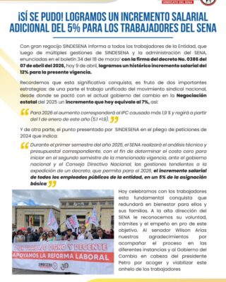 ¡Si se pudo! logramos un incremento salarial adicional del 5% para los trabajadores del SENA