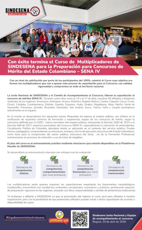 SINDESENA culmina con éxito el Curso de Multiplicadores para el Concurso de Méritos SENA IV 2026