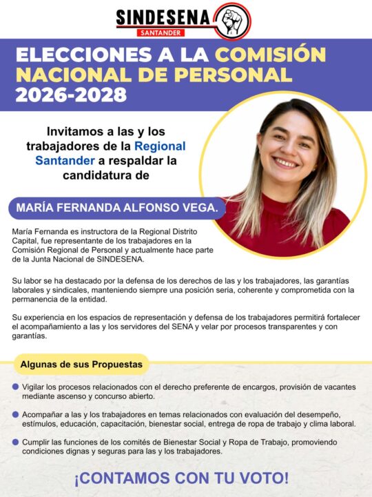 Regional Santander, contamos con tu voto para respaldar a María Fernanda Alfonso Vega en la Comisión Nacional de Personal