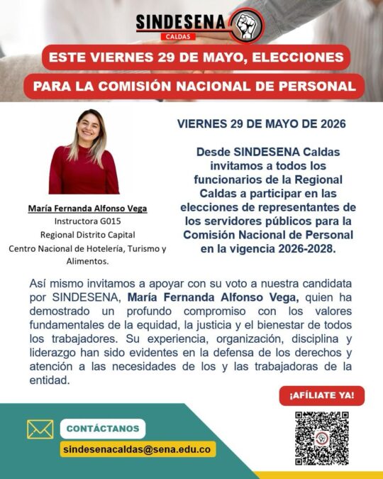 SINDESENA Caldas invita a votar este viernes 29 de mayo por la Comisión Nacional de Personal 2026-2028
