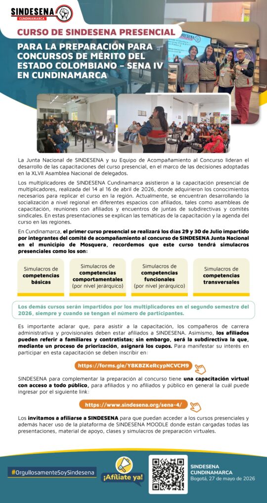 Curso de Sindesena presencial: para la preparación para concurso de mérito del Estado colombiano SENA IV en Cundinamarca