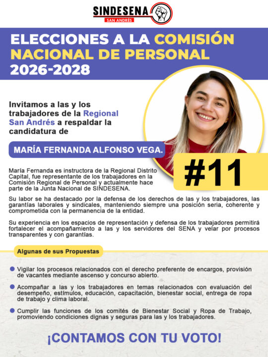 Regional San Andrés junto a SINDESENA invita a respaldar la candidatura #11 de Maria Fernanda Alfonso Vega