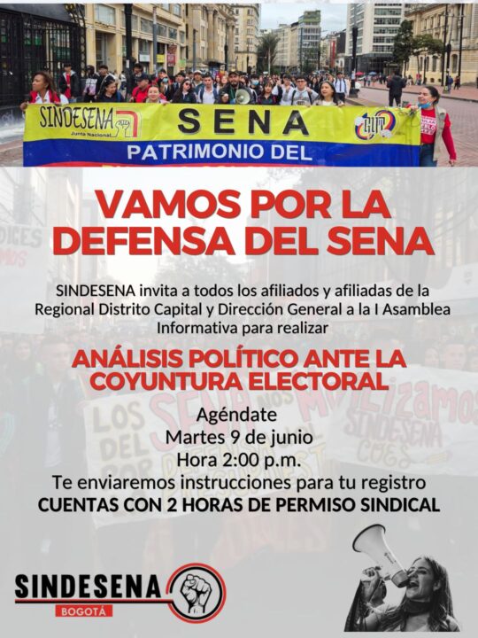 SINDESENA Bogotá convoca a Asamblea Informativa sobre la coyuntura electoral