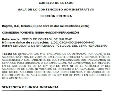Sindesena rechaza fallo servicio médico asistencial