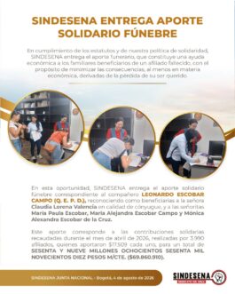 Reafirmando nuestro compromiso: SINDESENA hace entrega de aporte solidario en apoyo a familiares de afiliado