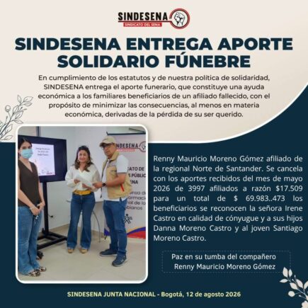 Sindesena Entrega Aporte Solidario Fúnebre en Norte de Santander