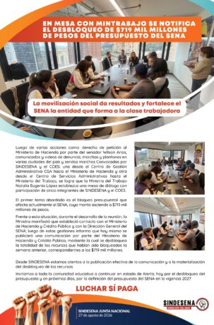 En mesa con Mintrabajo se notifica el desbloqueo de $719 mil millones de pesos del presupuesto del SENA