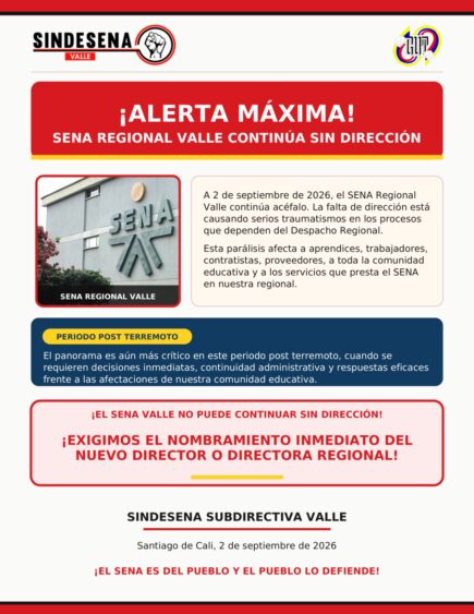 ¡Alerta máxima! Sena Regional Valle continúa sin dirección
