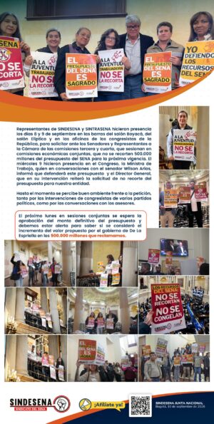 Sindesena y Sintrasena se movilizan en el Congreso: ¡no al recorte de $500.000 millones en el Sena!
